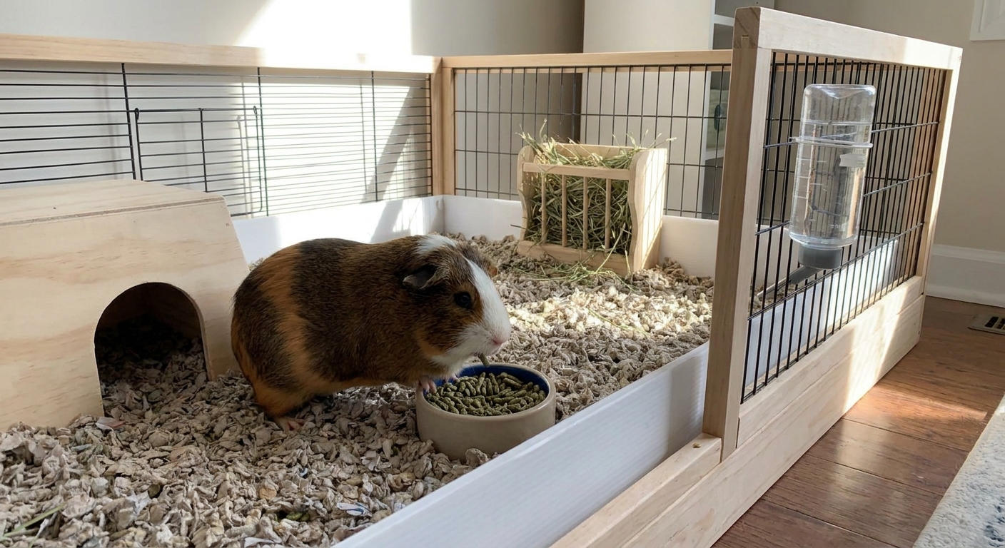A brown-and-white guinea pig eating plain timothy pellets from a small bowl inside a clean indoor enclosure