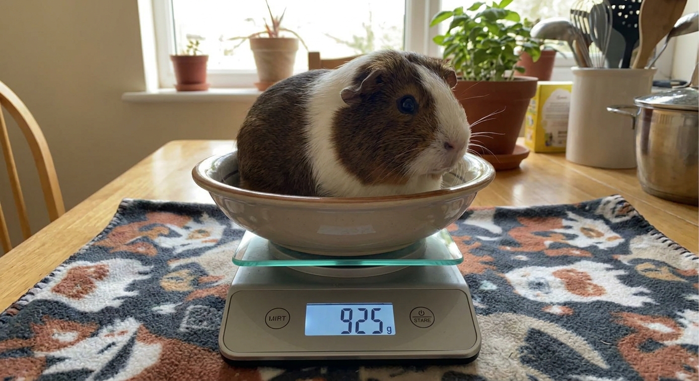 A brown-and-white guinea pig sitting in a shallow bowl on a digital kitchen scale on a table covered with a fleece blanket