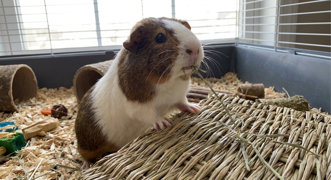 A brown-and-white guinea pig standing with its front paws on a woven seagrass mat, sniffing for hidden hay strands in a bright indoor pen