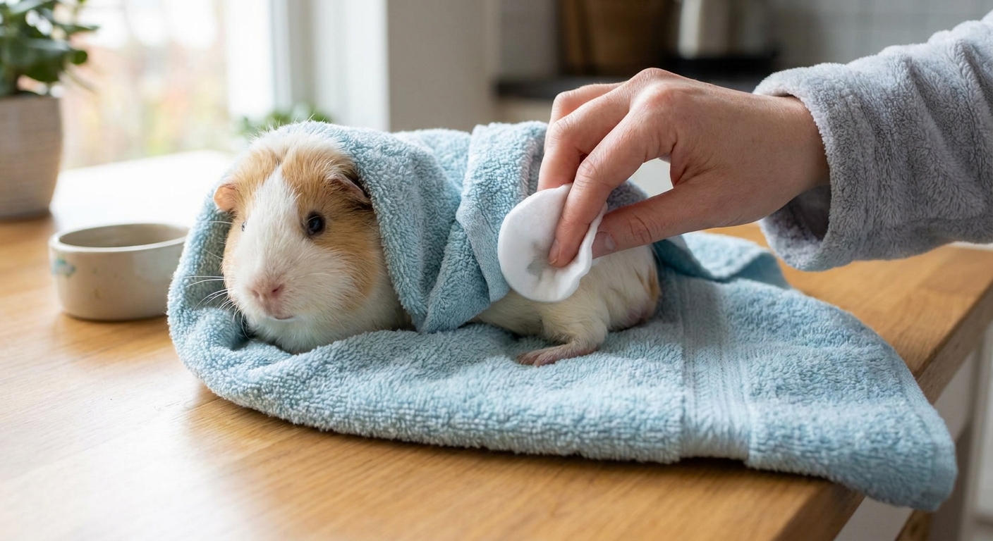 A calm guinea pig wrapped in a towel on a table while a hand gently wipes its rear with a damp cotton pad