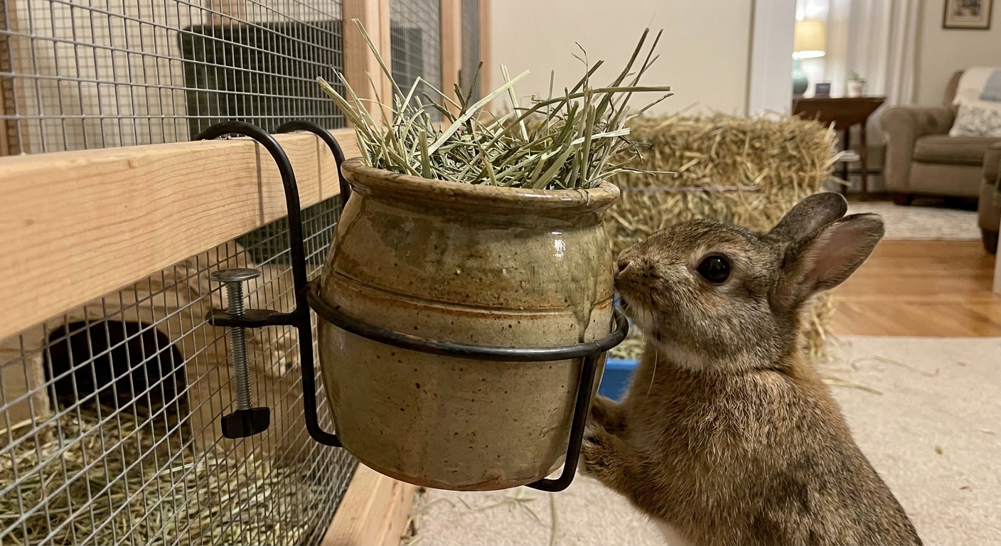 A ceramic crock sitting in a metal holder attached to the side of an indoor rabbit pen, with hay visible in the background