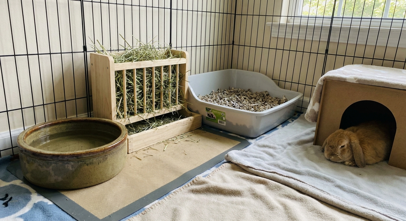 A clean indoor rabbit pen corner with a heavy ceramic water bowl placed near a hay rack and litter box, tidy and well-organized