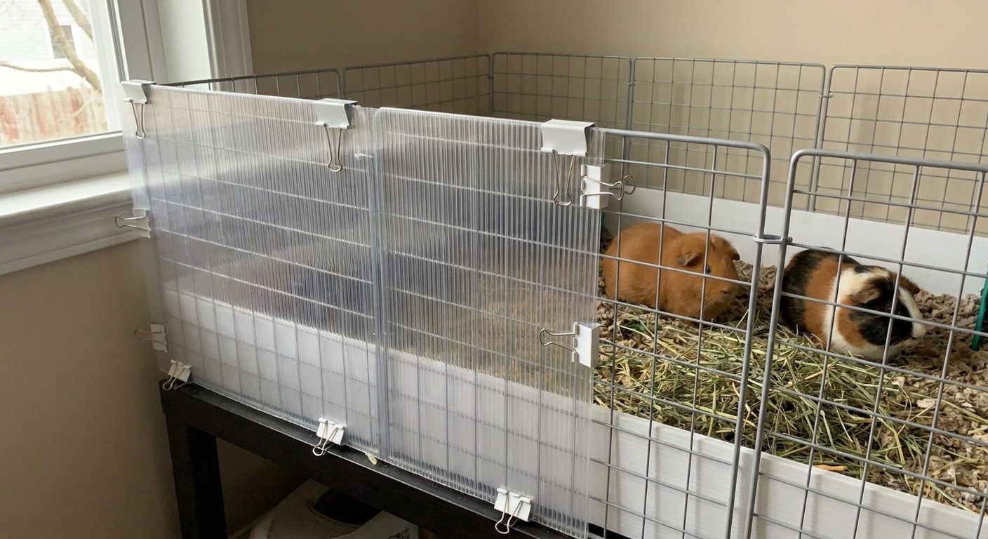 A clear coroplast panel clipped to the outside of a guinea pig C&C cage to block a draft while keeping the top open