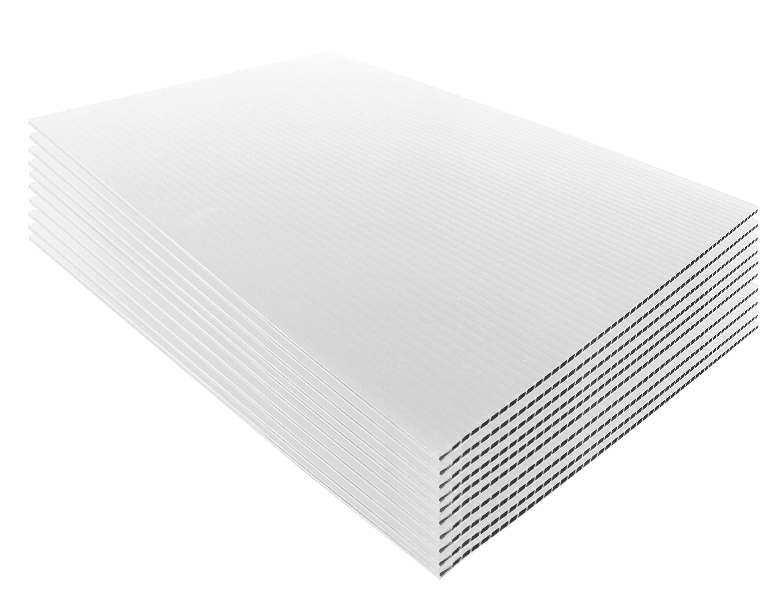 A coroplast corrugated plastic sheet leaning against a workbench in a garage, ready to be measured and cut for a pet cage base