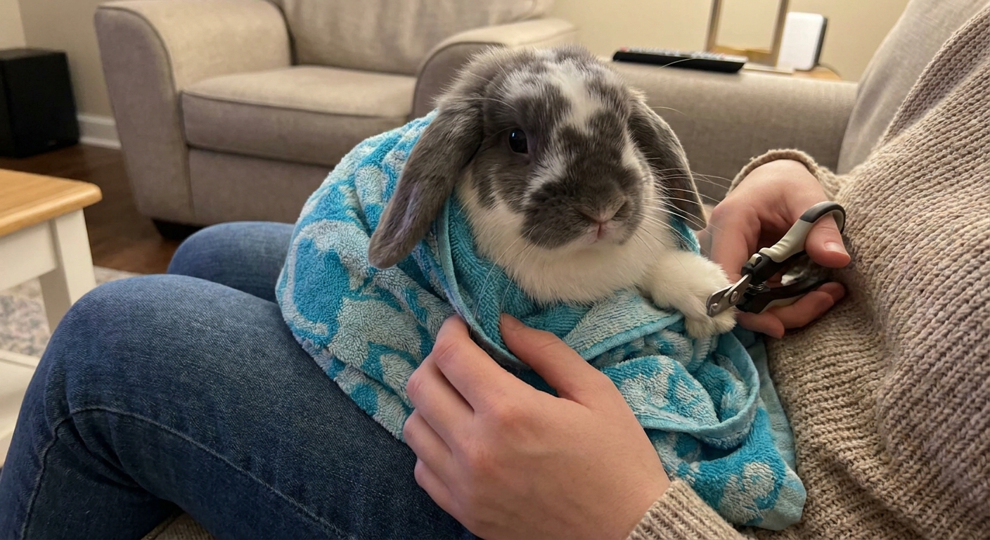 A domestic rabbit gently wrapped in a towel on an owner's lap with the head uncovered, showing a calm restraint setup for nail trimming