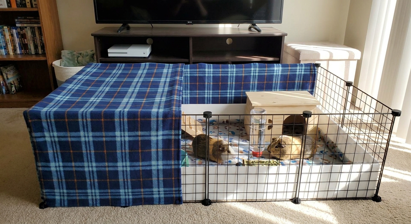 A guinea pig C&C cage with a fitted fleece cover panel on the back and one side, leaving the front open for airflow