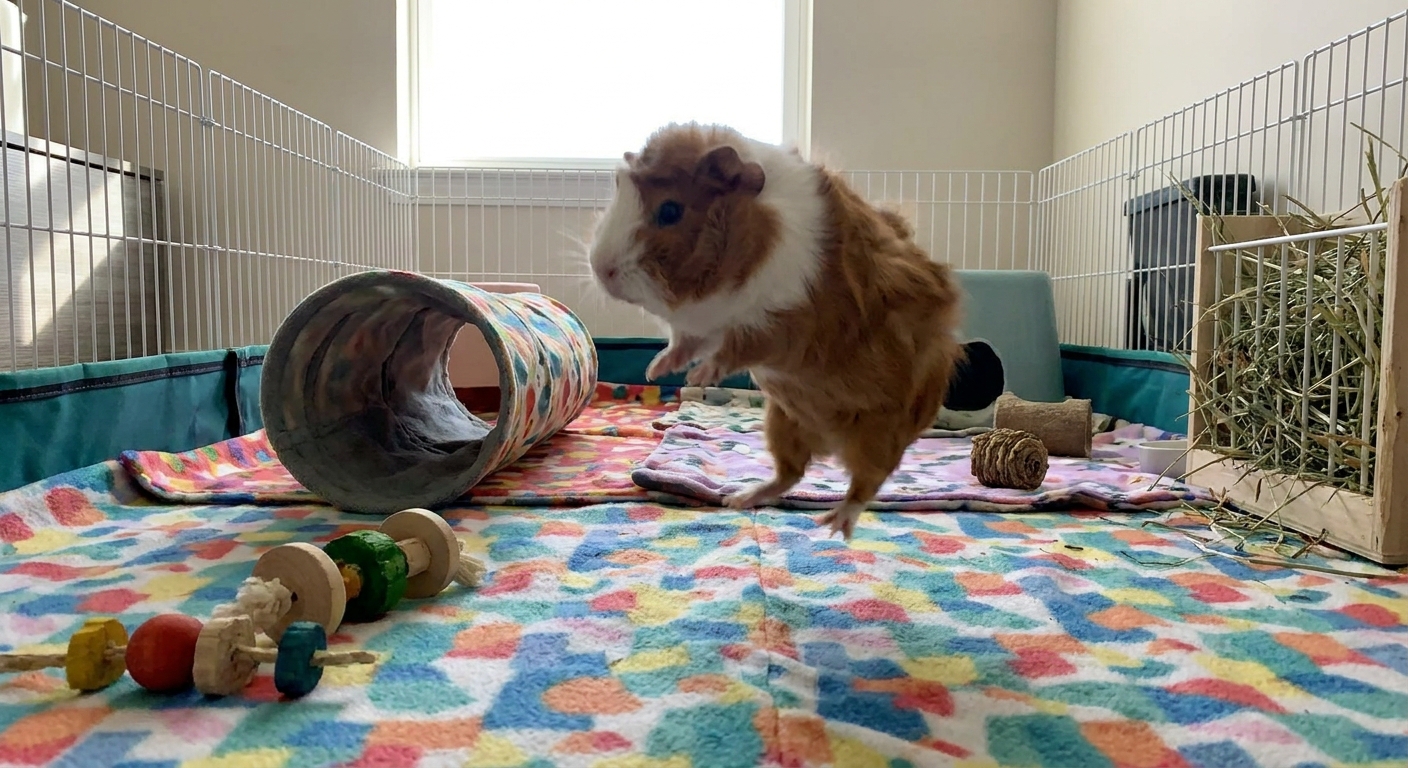 A guinea pig mid-popcorn jump in a playpen with fleece bedding and a tunnel hideout
