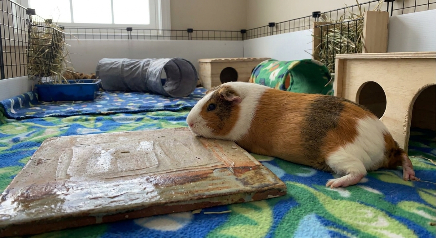 A guinea pig resting beside a large ceramic tile placed on fleece bedding in a spacious indoor enclosure
