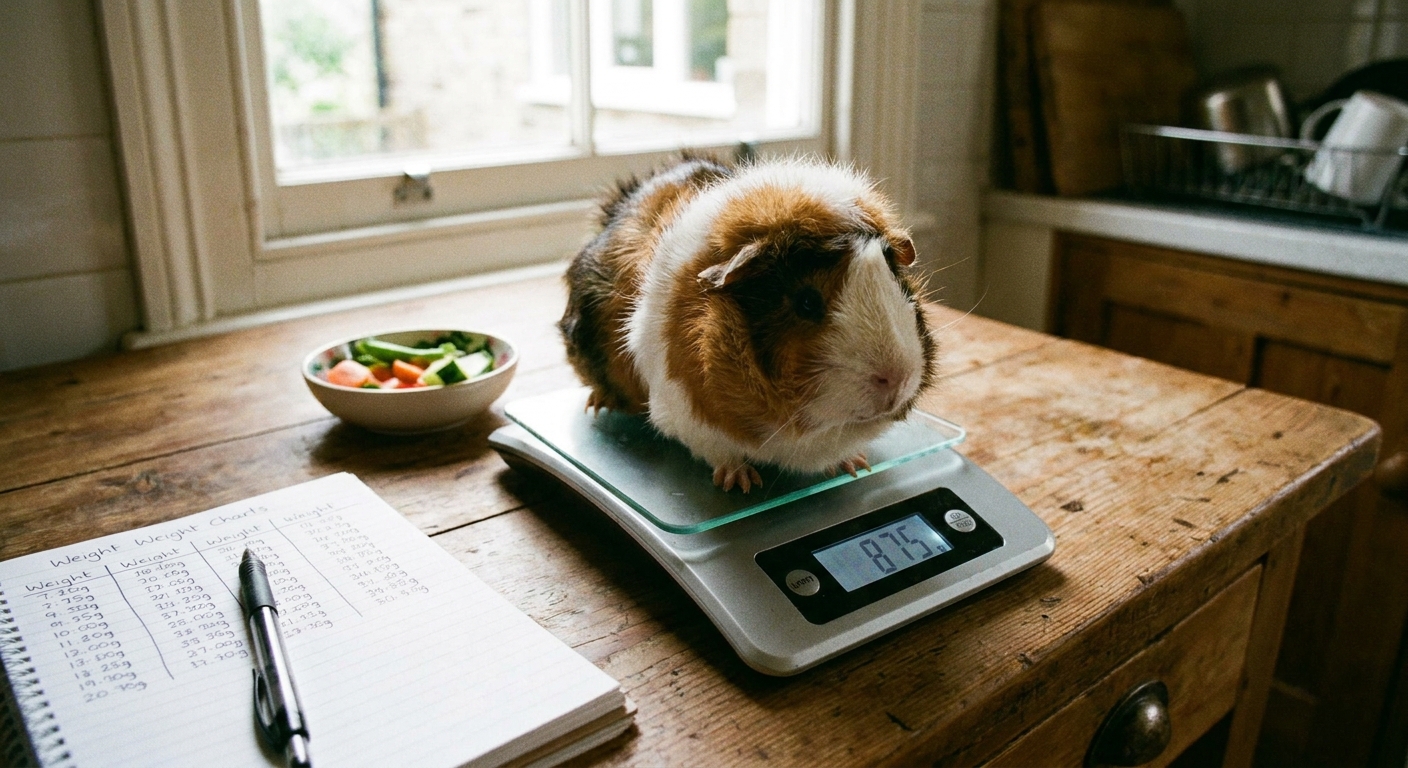 A guinea pig sitting calmly on a digital kitchen scale on a countertop during a weekly weight check