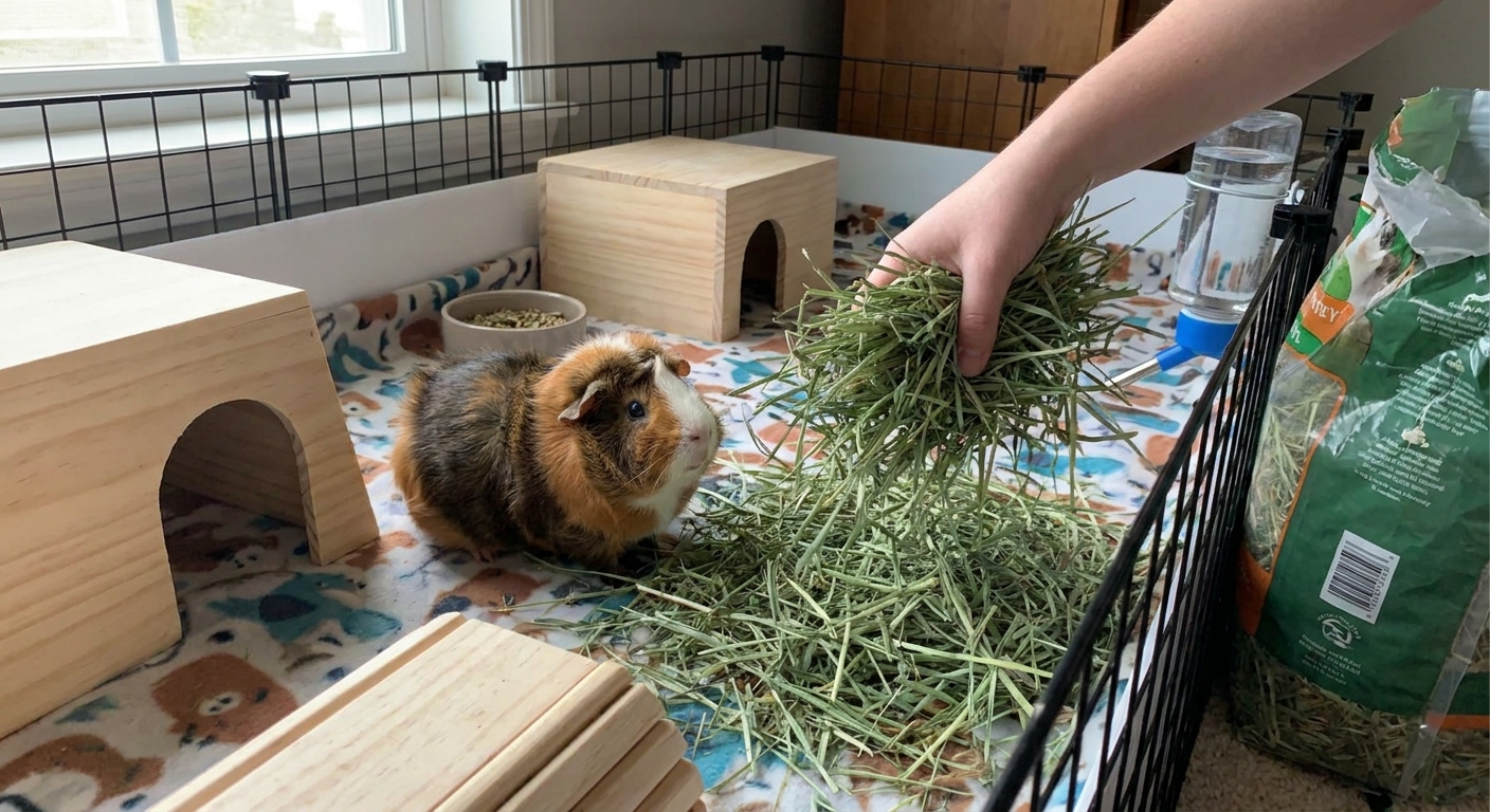 A guinea pig sitting on a clean fleece liner while fresh hay is added to a tidy indoor enclosure