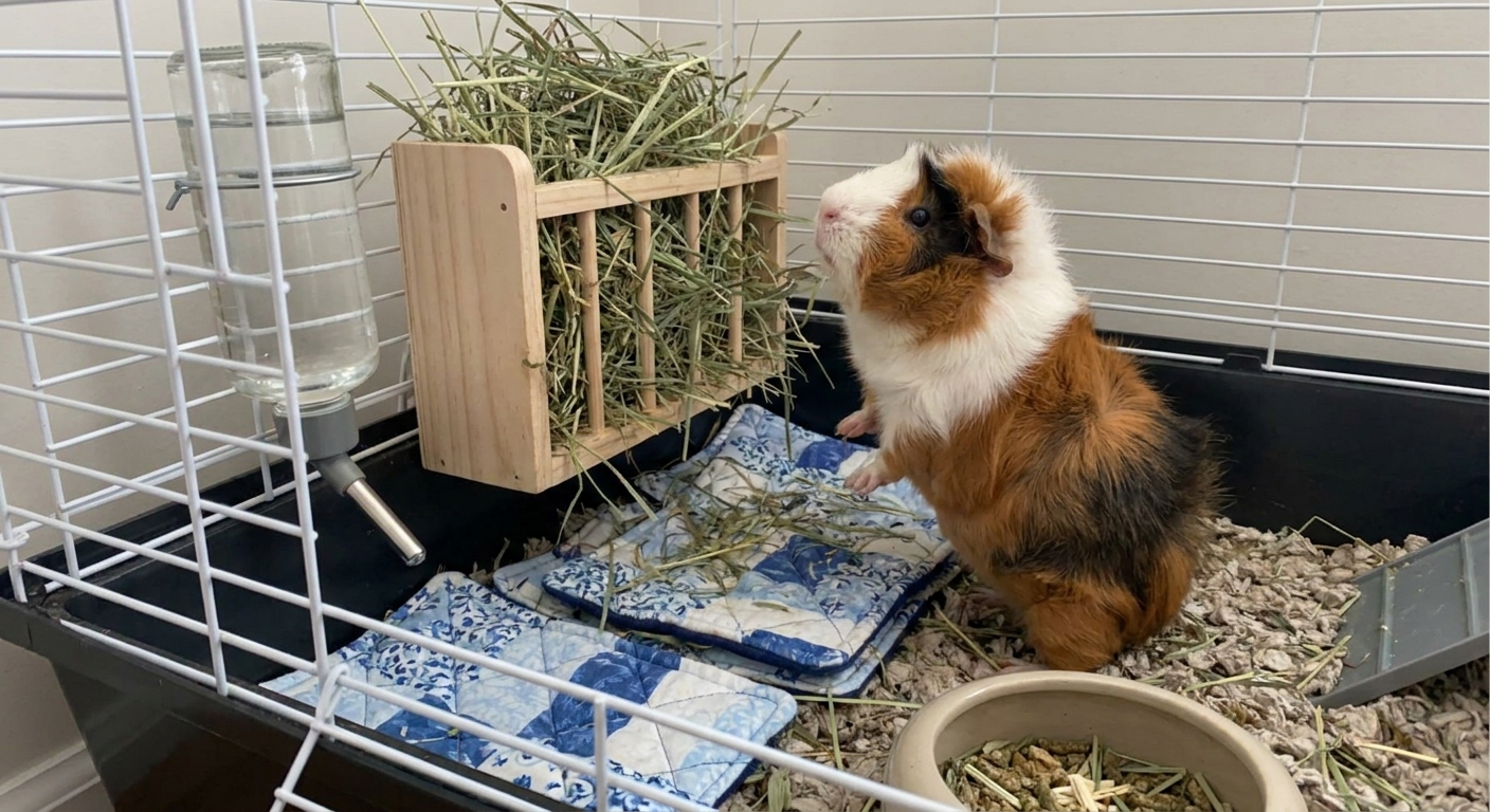 A guinea pig standing near a hay area inside a cage with small washable pee pads placed under the hay and water bottle