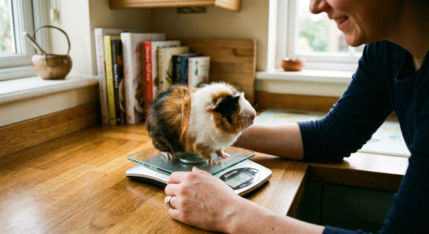 A guinea pig standing on a small digital kitchen scale while a caregiver steadies the scale.