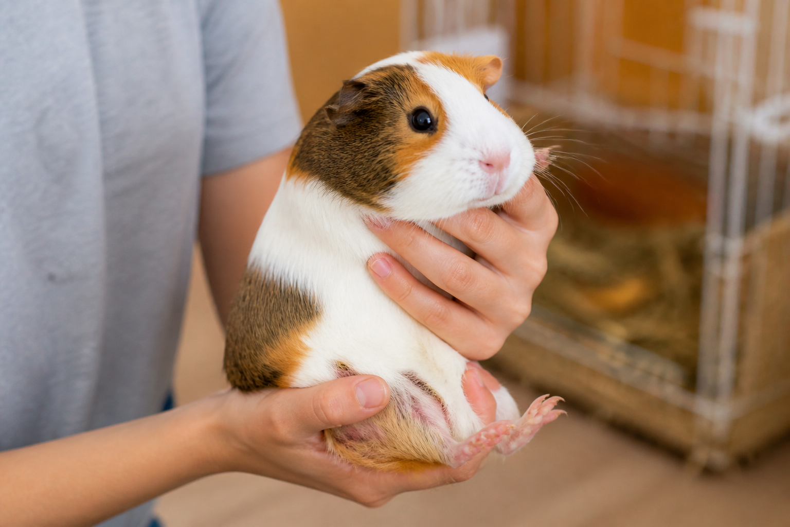 A guinea pig supported with two hands close to an adult's chest, with the animal's feet resting securely on the person's palm and forearm