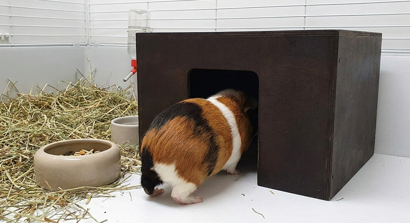 A guinea pig walking into a solid-sided hide box with a wide rectangular doorway and no side cutouts inside a tidy enclosure