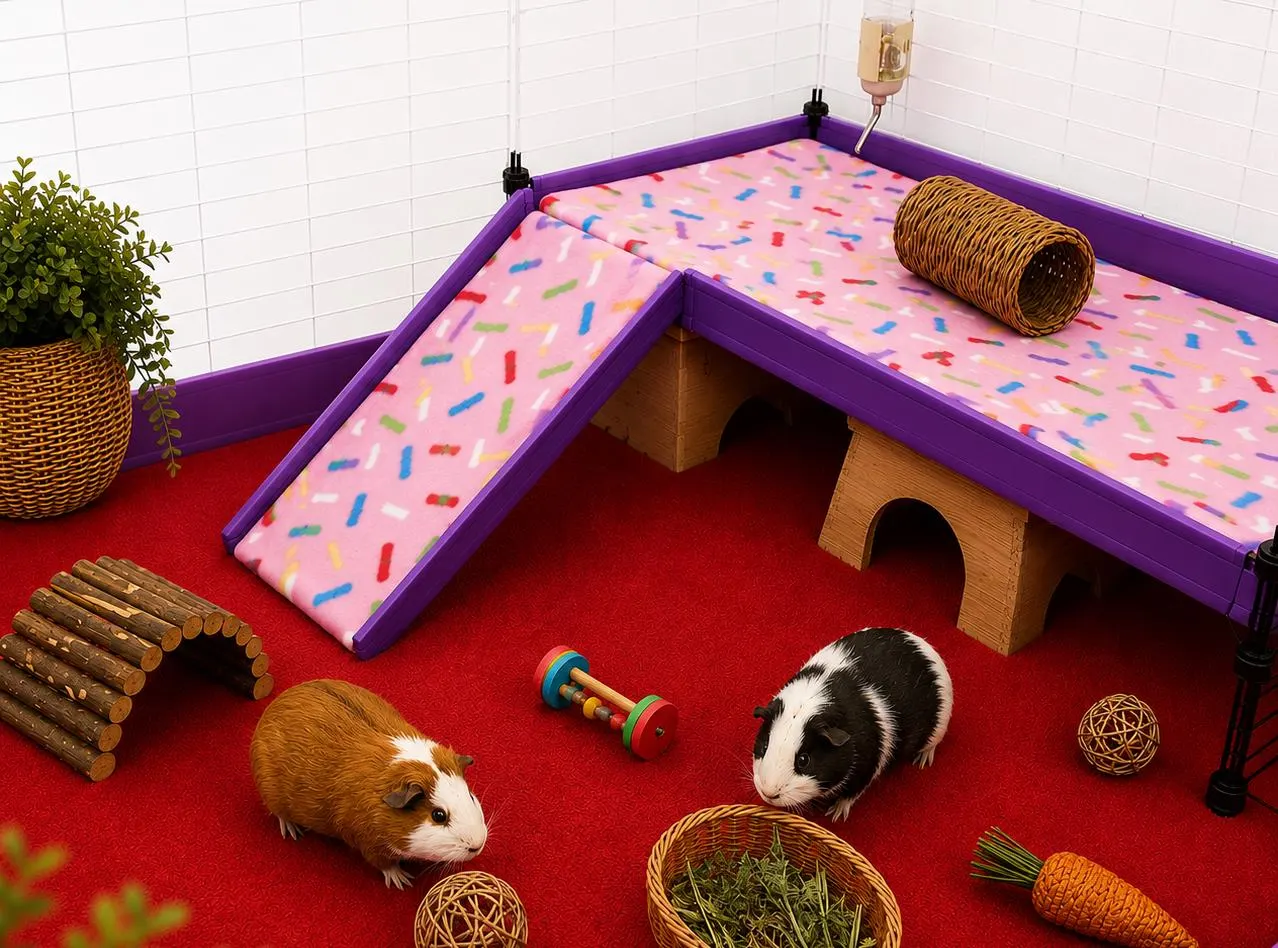 A guinea pig walking up a gently sloped ramp covered in snug fleece, with a wide base and a stable platform at the top
