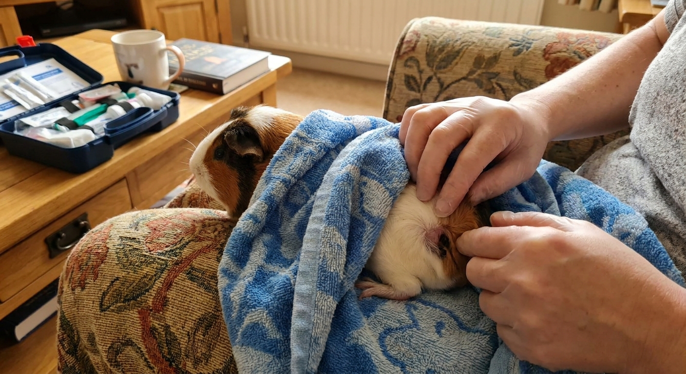 A guinea pig wrapped snugly in a towel with only the rump area exposed while a caregiver gently checks the grease gland area at home