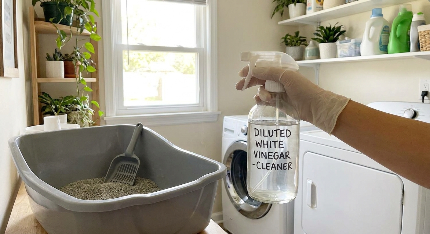 A hand holding a clear spray bottle of diluted white vinegar next to a plastic litter box in a bright laundry room