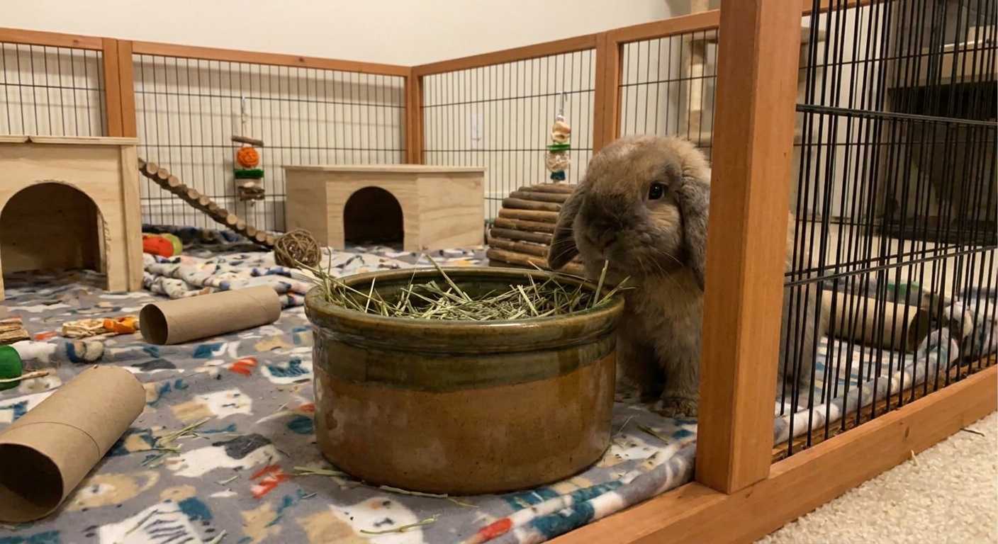 A heavy glazed ceramic crock-style bowl sitting in a spacious indoor rabbit enclosure on fleece bedding