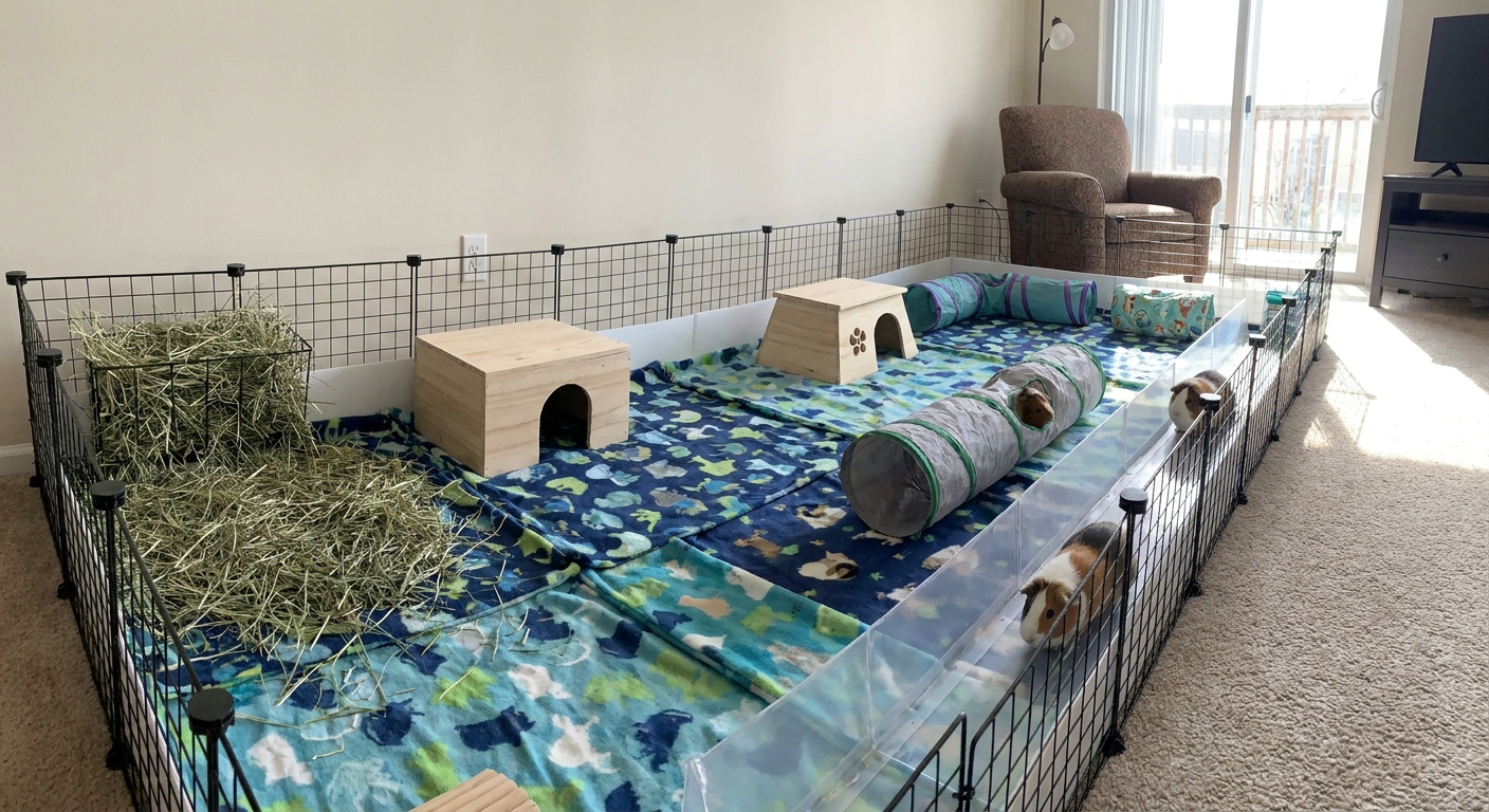 A large C&C guinea pig enclosure with fleece bedding, two hideouts, hay pile, tunnels, and a clear running lane