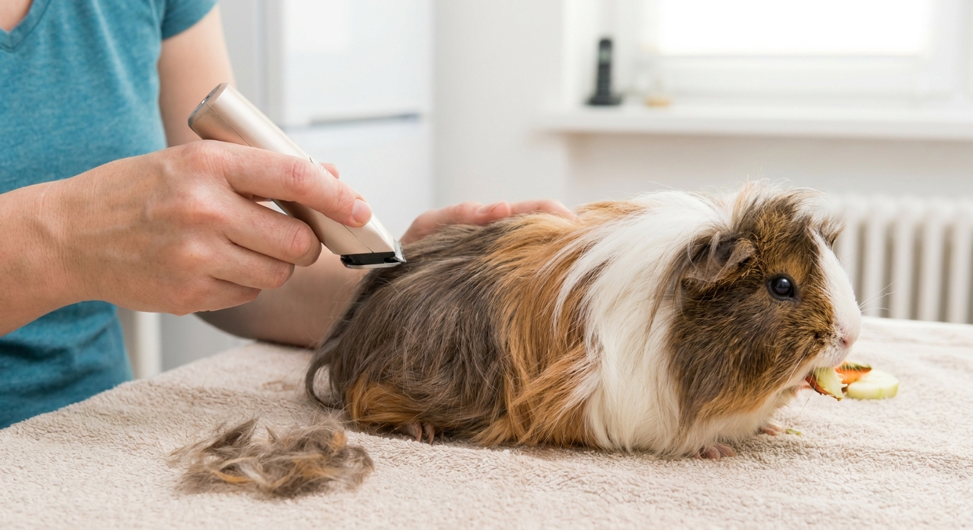A long-haired Peruvian guinea pig sitting calmly while a person uses small electric clippers to shorten the coat around the rear for hygiene