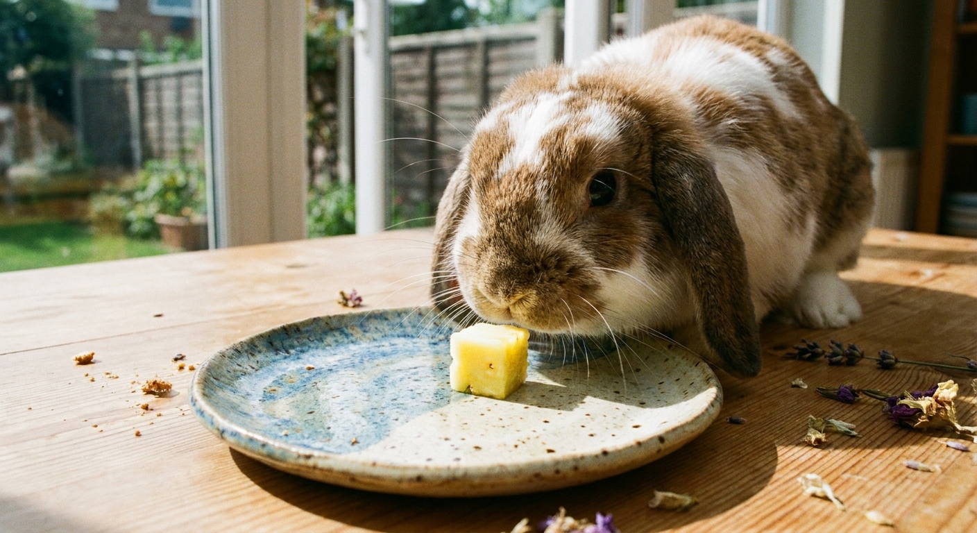 A lop-eared rabbit sniffing a tiny fresh pineapple cube placed on a ceramic plate
