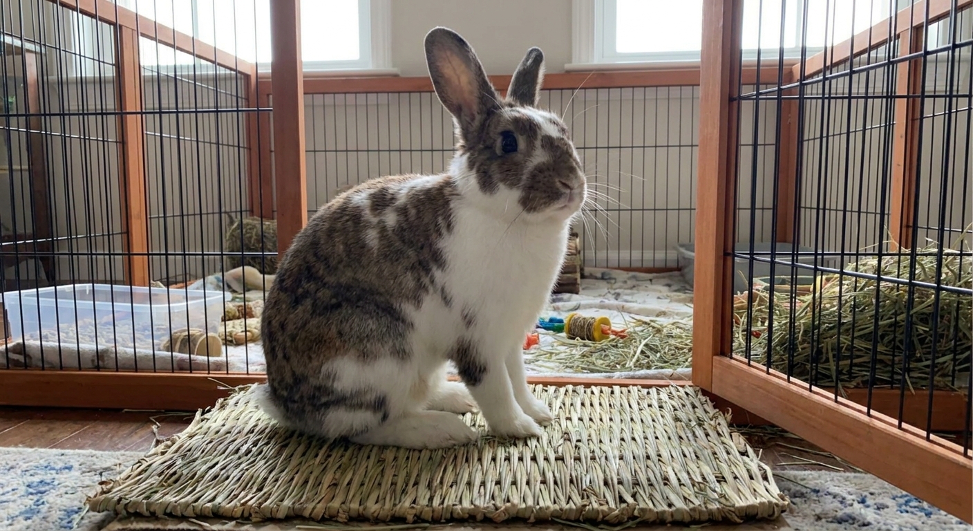 A medium rabbit sitting with front paws on a woven timothy hay mat in an indoor pen