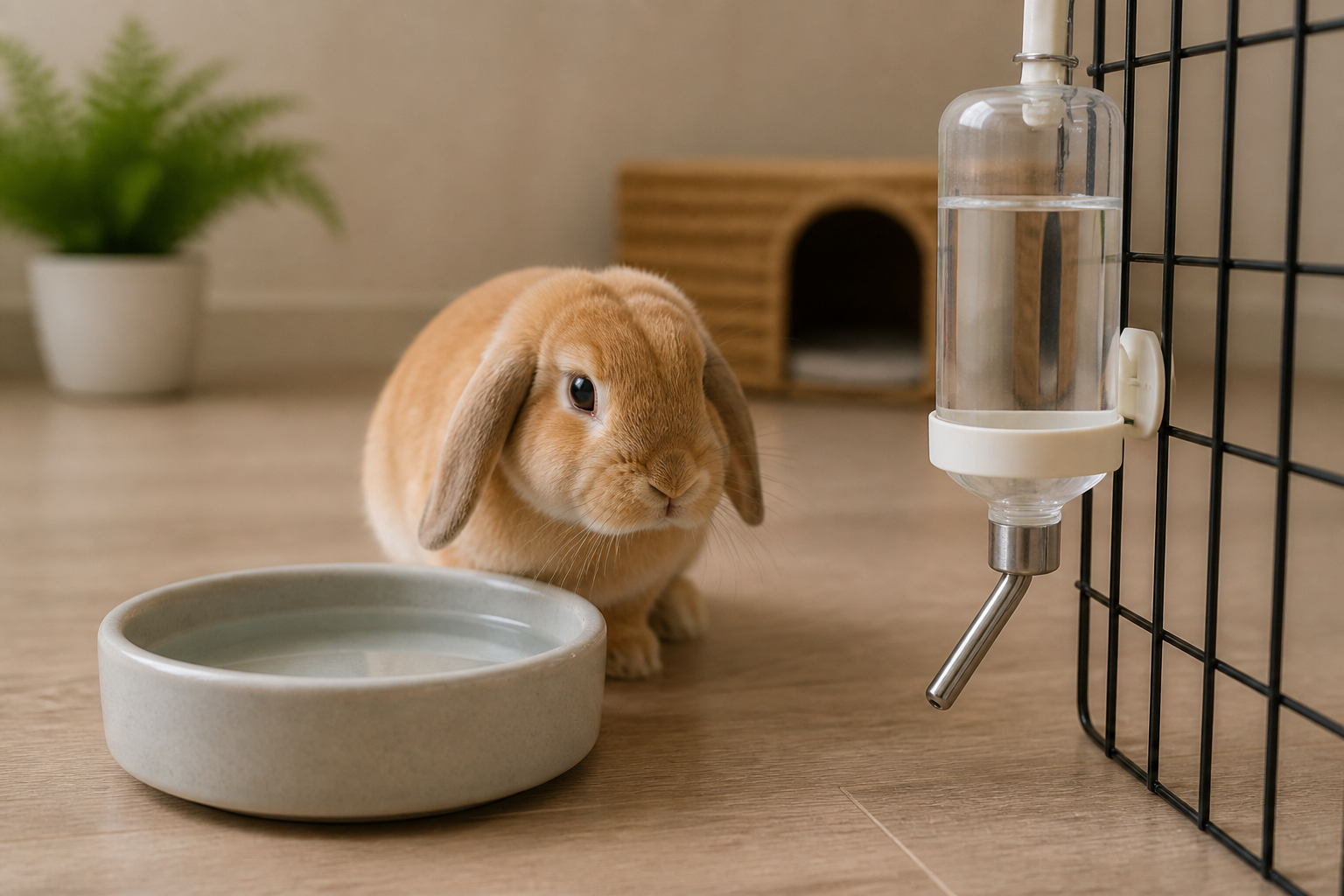 A medium-sized rabbit drinking from a heavy ceramic crock placed on a flat tile inside a spacious indoor pen