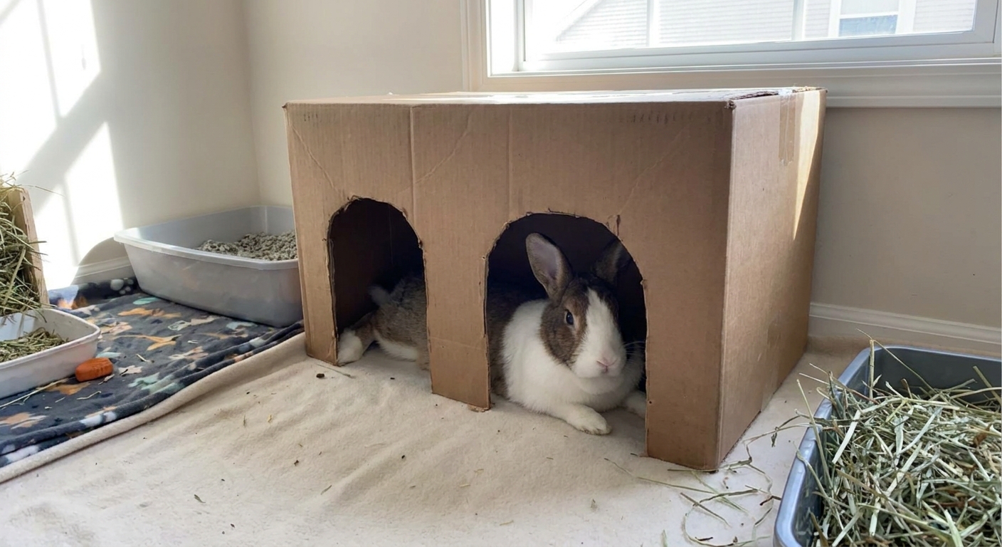 A medium-sized rabbit resting inside a plain cardboard box hide with two cut doorways in a clean indoor pen