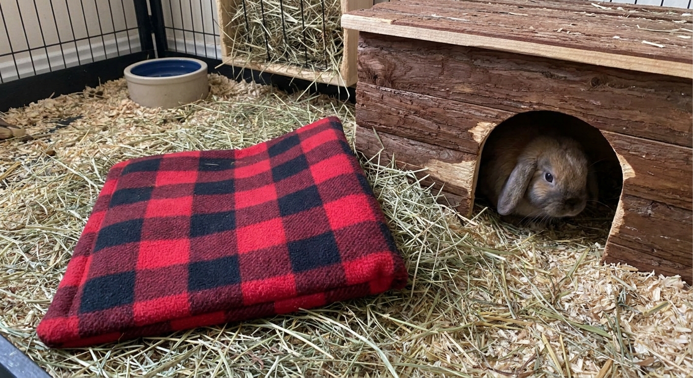A microwavable pet heat pad wrapped in a thick fleece sleeve placed next to a wooden rabbit hideout inside an indoor pen
