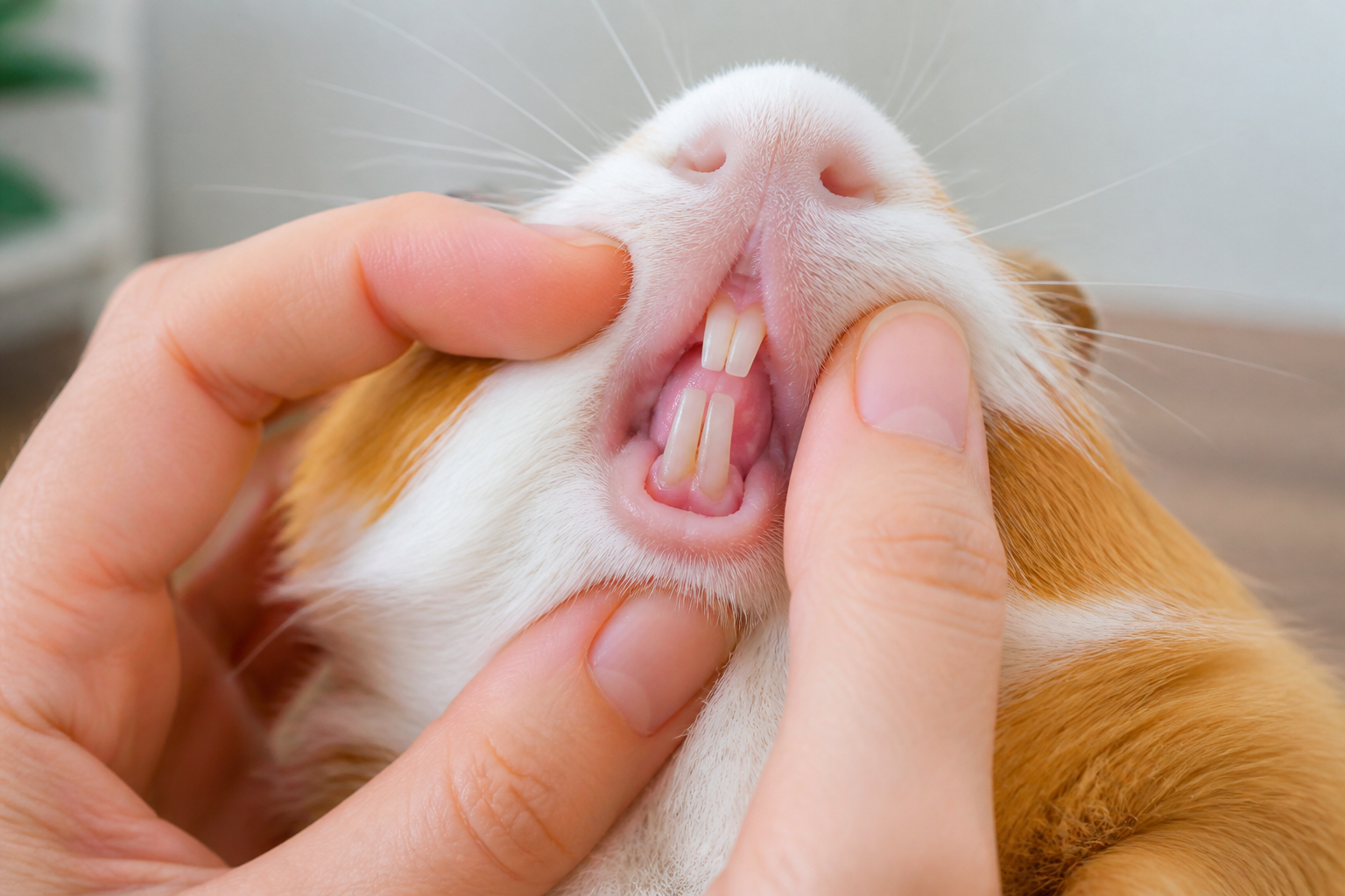 A person gently lifting a guinea pig's lip to view the incisors in soft daylight