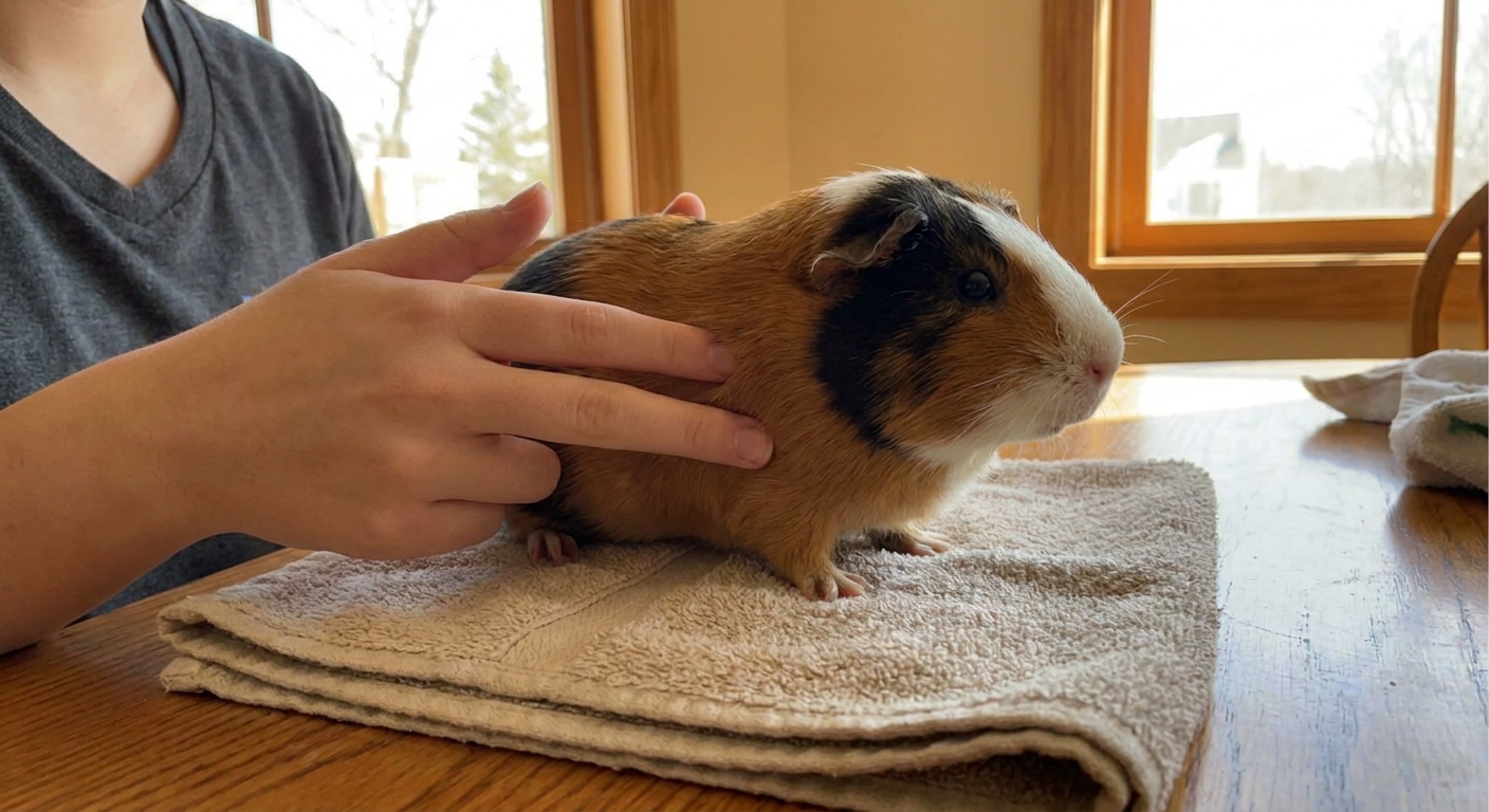 A person gently palpating a guinea pig's sides with flat fingers while the guinea pig stands on a towel on a tabletop