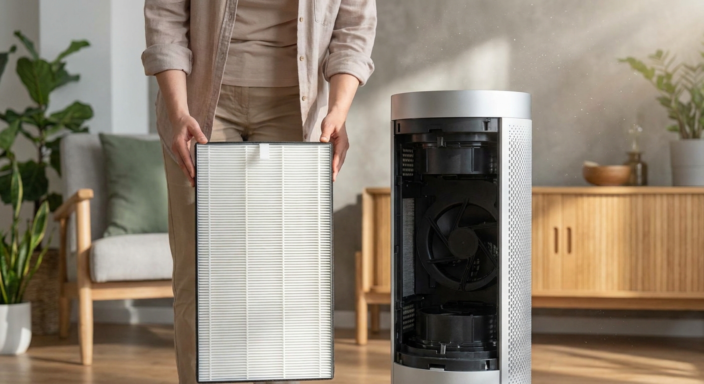 A person holding a rectangular HEPA filter cartridge next to a modern air purifier with the front cover removed.