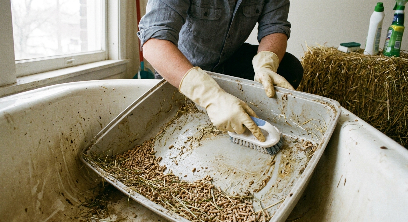 A photo of a person scrubbing a large rabbit litter box with a handheld brush over a bathtub, with hay and litter residue visible before rinsing