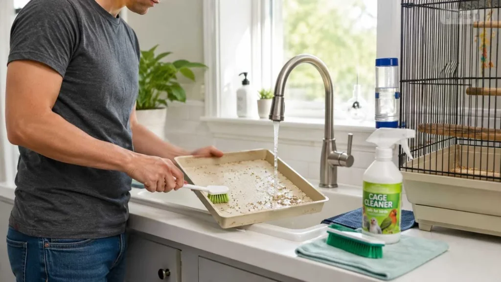 A photo of a pump spray bottle of enzyme cleaner sitting beside a rabbit exercise pen on a hard floor, with a cloth and paper towels ready for blotting a small accident
