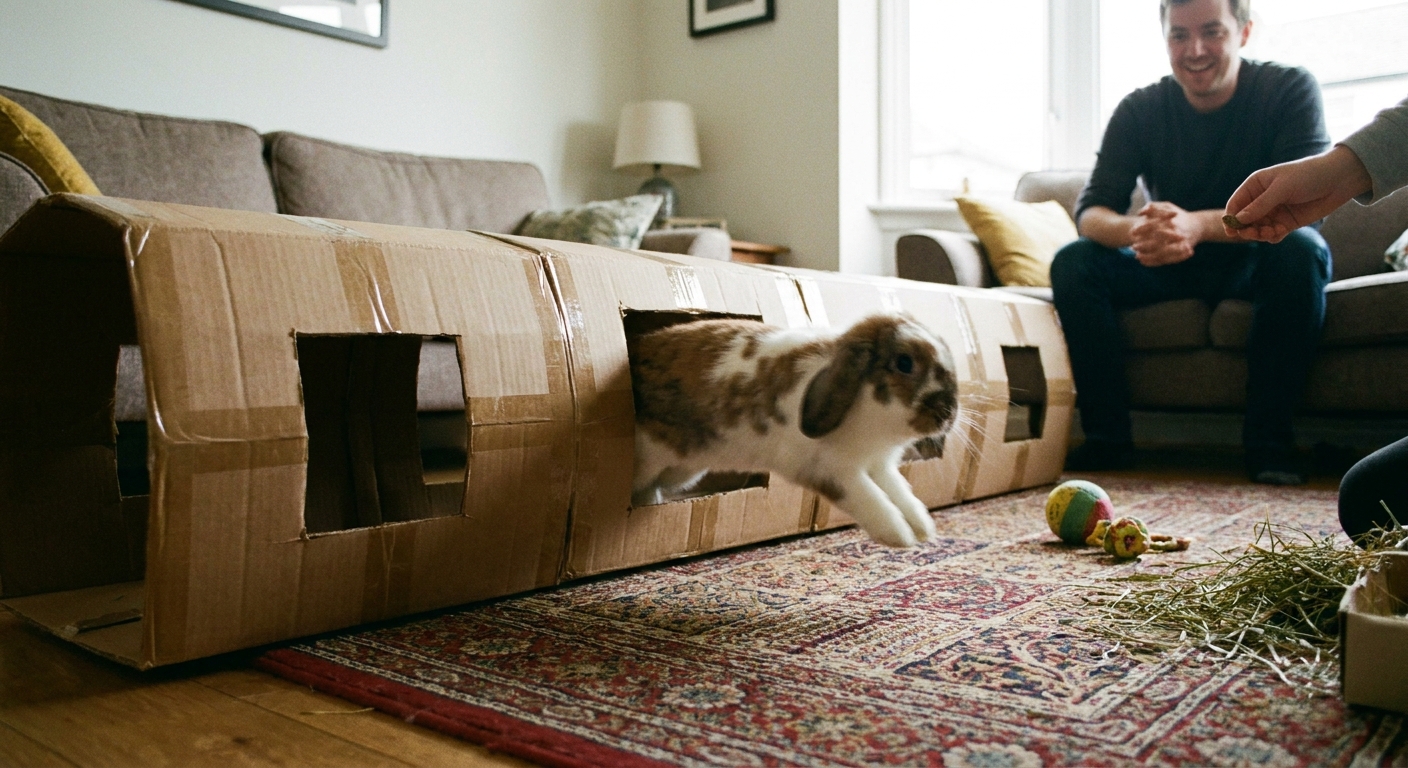 A rabbit mid-hop moving through a cardboard tunnel on a living room rug during supervised indoor exercise time