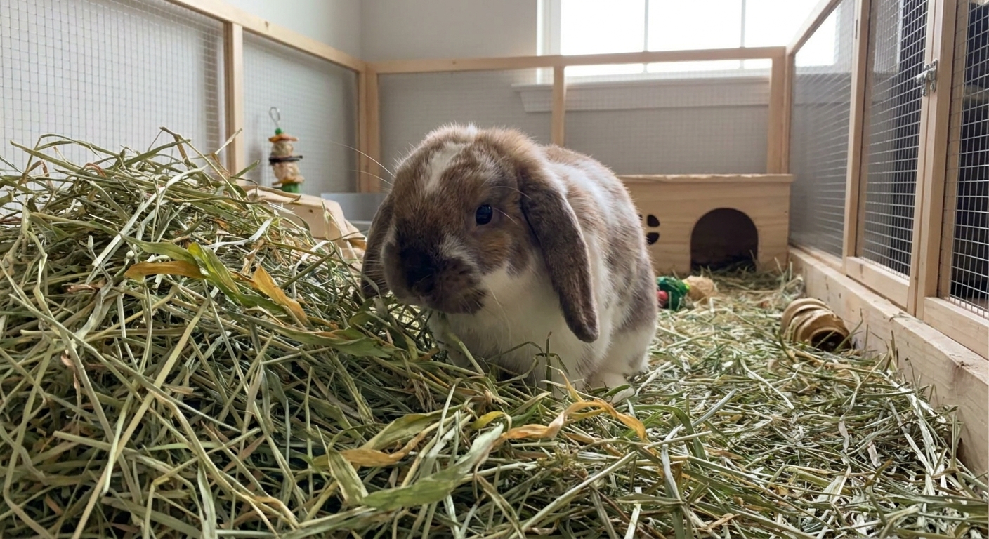 A rabbit nosing through a fluffy pile of orchard grass hay with soft, leafy strands inside a spacious indoor pen