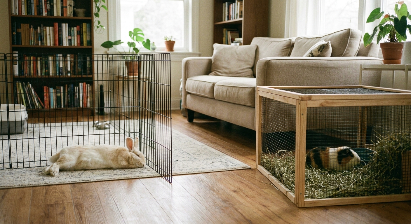 A rabbit resting beside an indoor exercise pen while a guinea pig eats hay in a separate enclosure nearby, both set up with clear space between them in a quiet living room