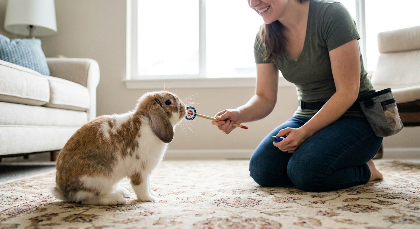 A rabbit touching its nose to a target stick held by a person during indoor training on a carpeted floor