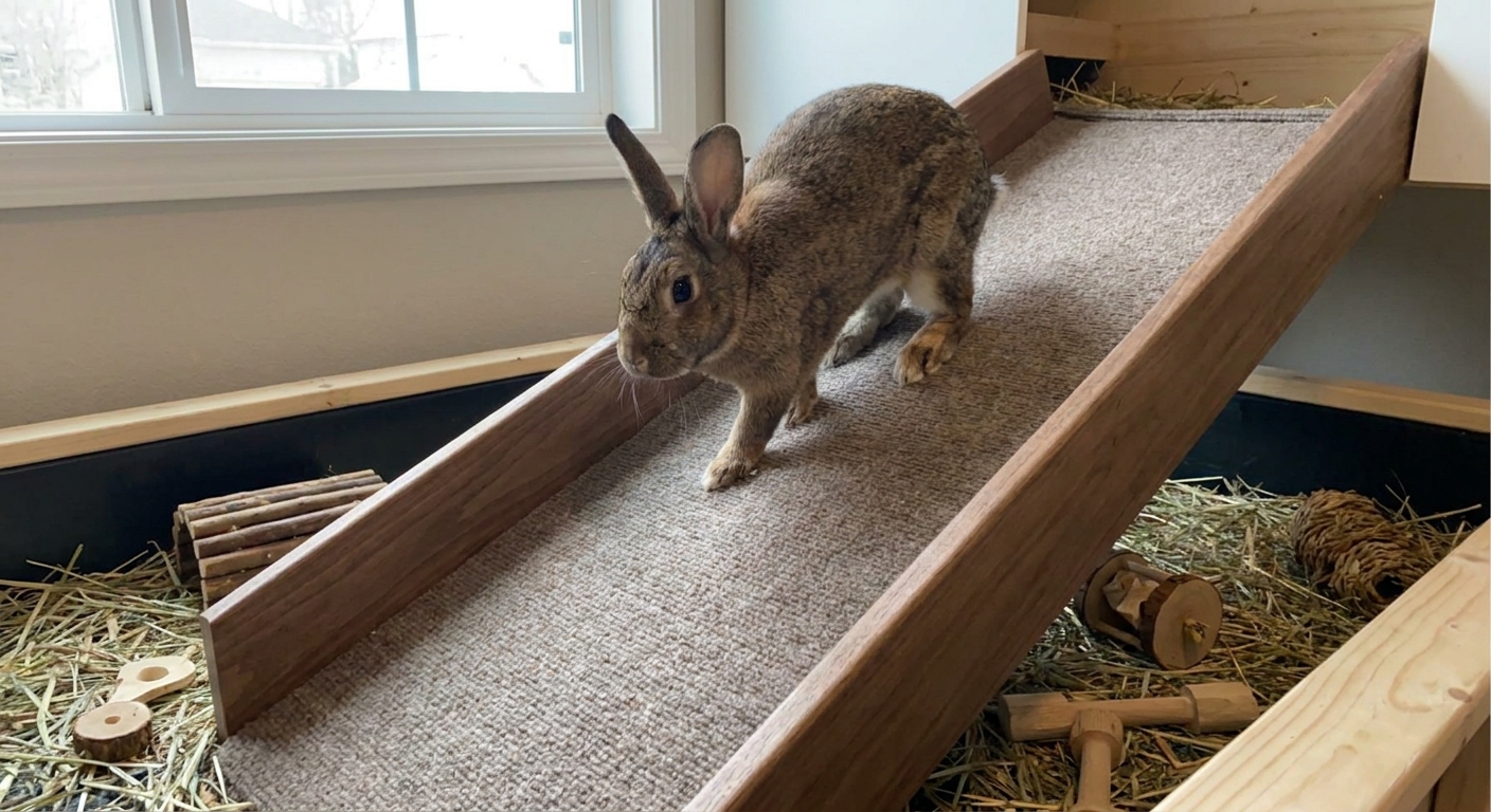 A rabbit using a wide ramp with solid side rails and a soft grippy cover, walking up calmly without slipping inside an indoor enclosure