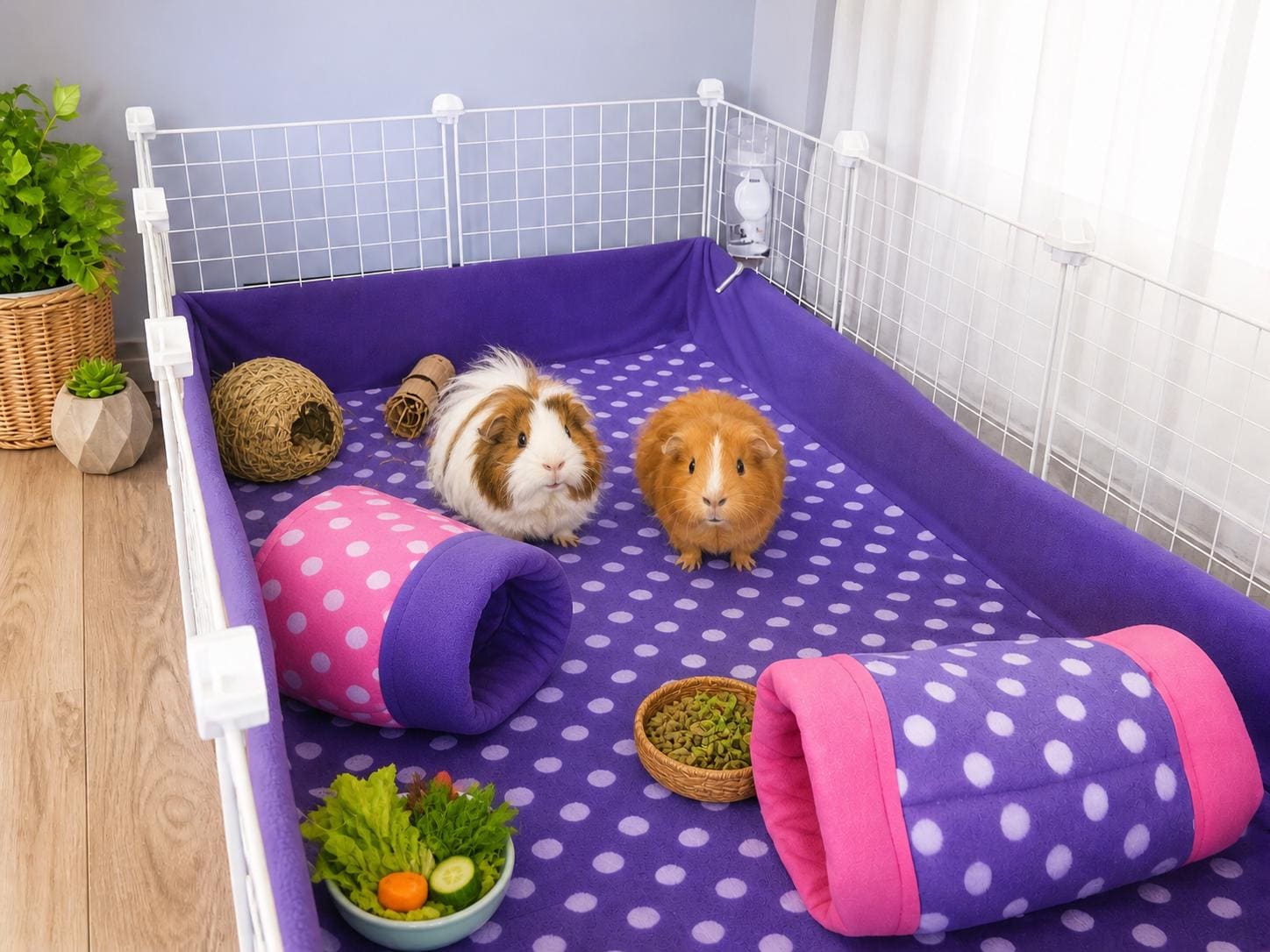 A real photograph of a spacious indoor guinea pig enclosure lined with fleece bedding, a hay pile, and a hideout, set up in a bright living room