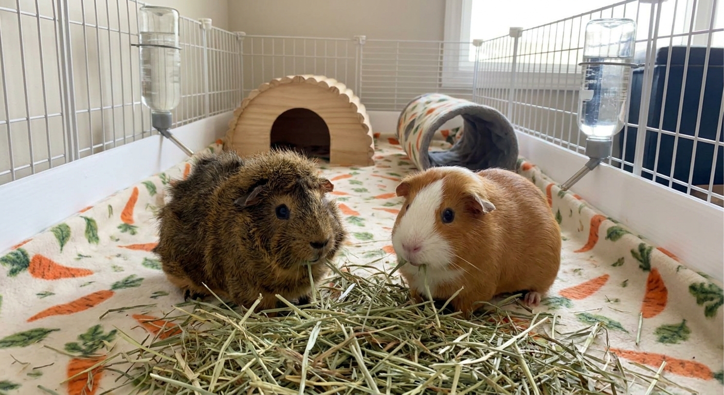 A relaxed pair of bonded guinea pigs eating hay together inside a spacious C&C cage lined with fleece, with two water bottles and two hideouts visible