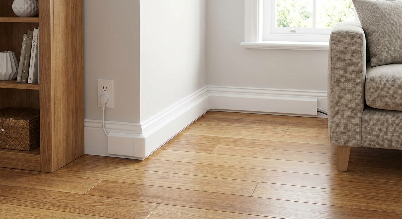 A rigid cord channel cover installed along a baseboard with no loose cables on the floor
