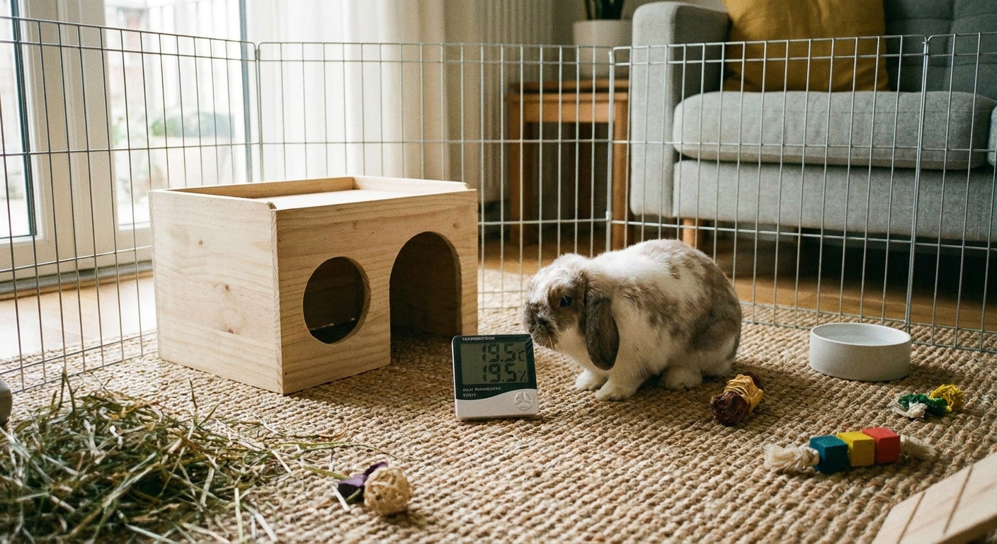 A small digital thermometer sitting at floor level inside an indoor rabbit exercise pen near a wooden hide box