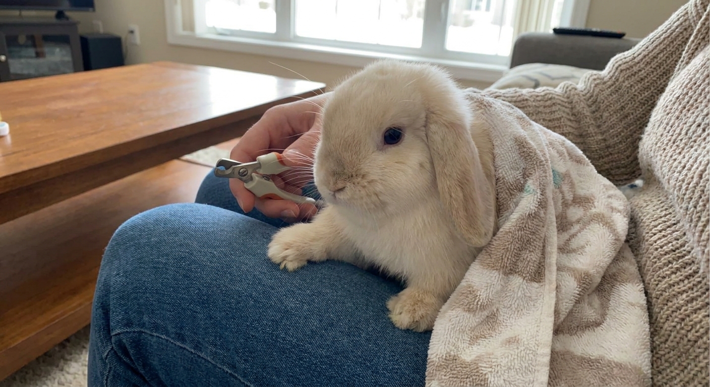 A small rabbit gently wrapped in a towel on a person’s lap with one front paw carefully exposed for nail trimming