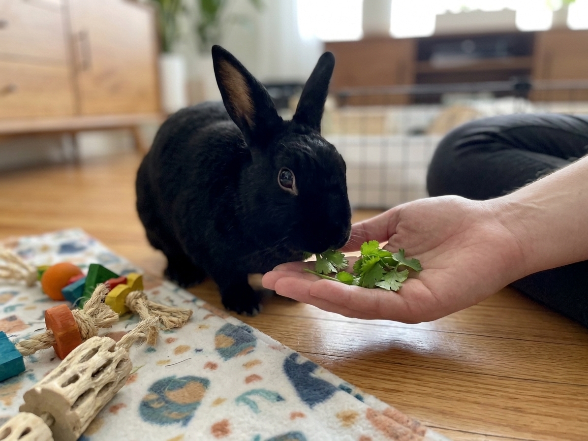 A small rabbit nibbling fresh cilantro leaves from a person’s hand on a living room floor beside a soft blanket and chew toys