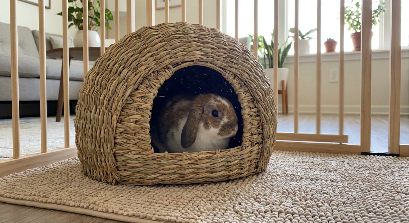 A small rabbit sitting half inside a natural seagrass hut with a wide opening on a soft mat in an indoor enclosure