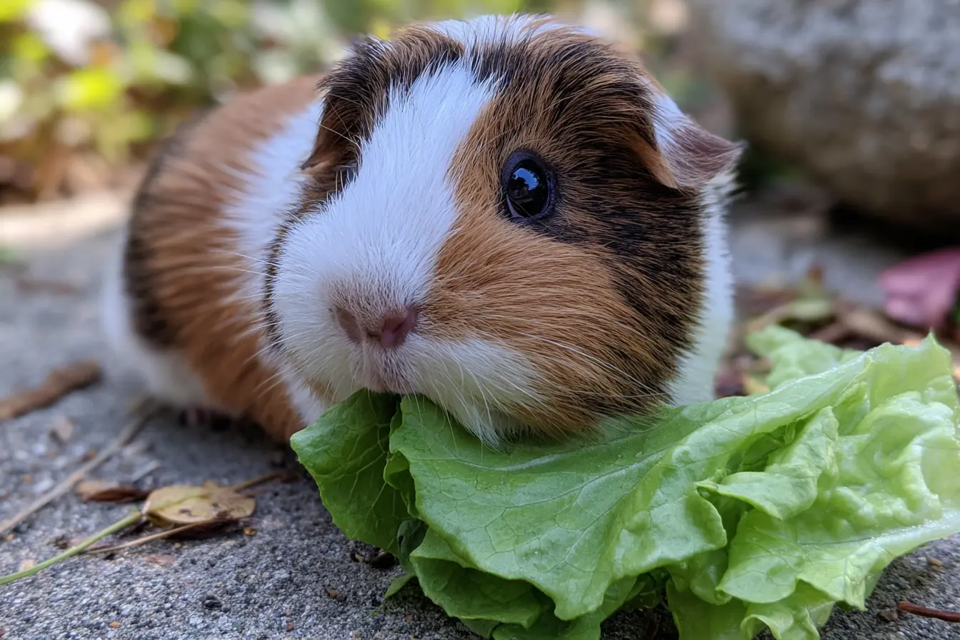 A smooth-coated adult guinea pig nibbling romaine lettuce on fleece bedding beside a pile of grass hay