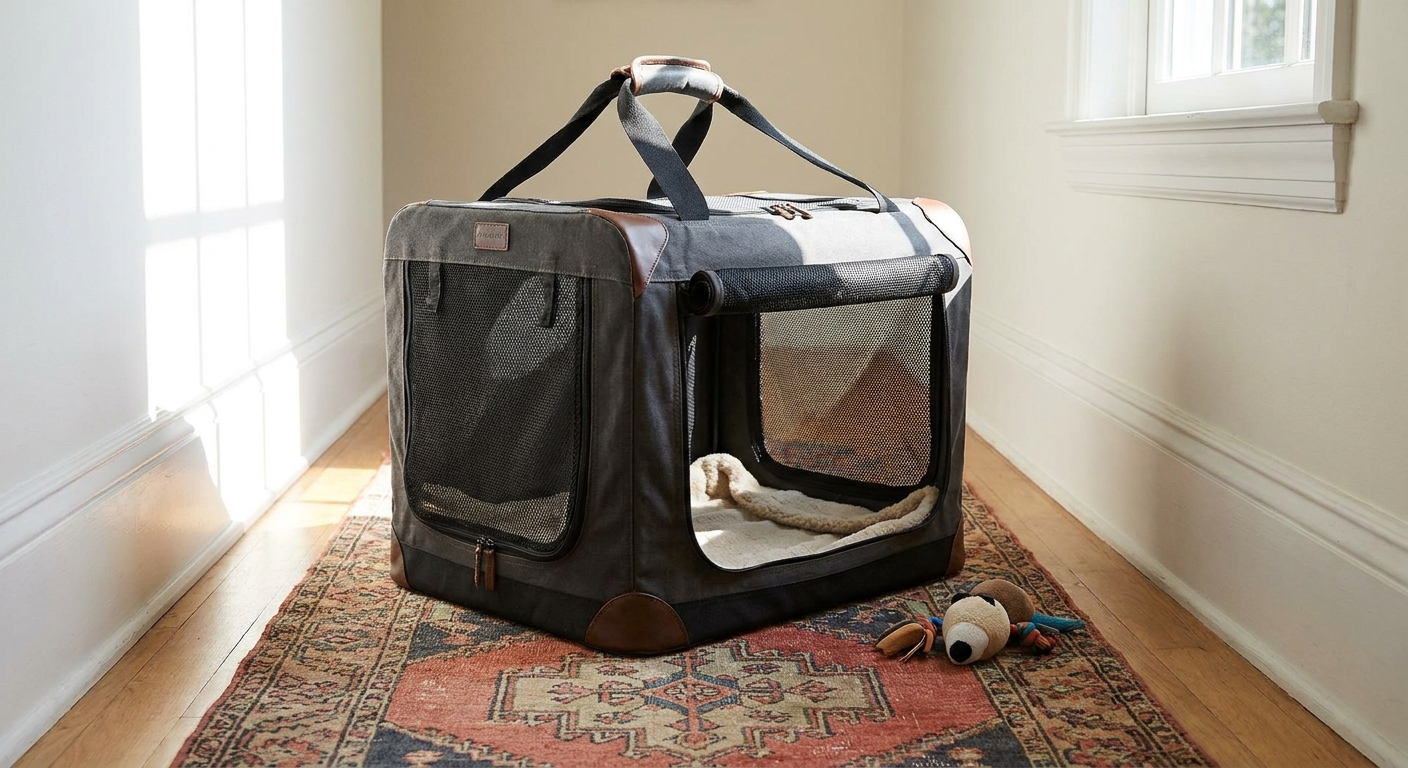 A soft-sided pet carrier with reinforced structure and mesh ventilation panels sitting on a hallway rug, ready for a small pet