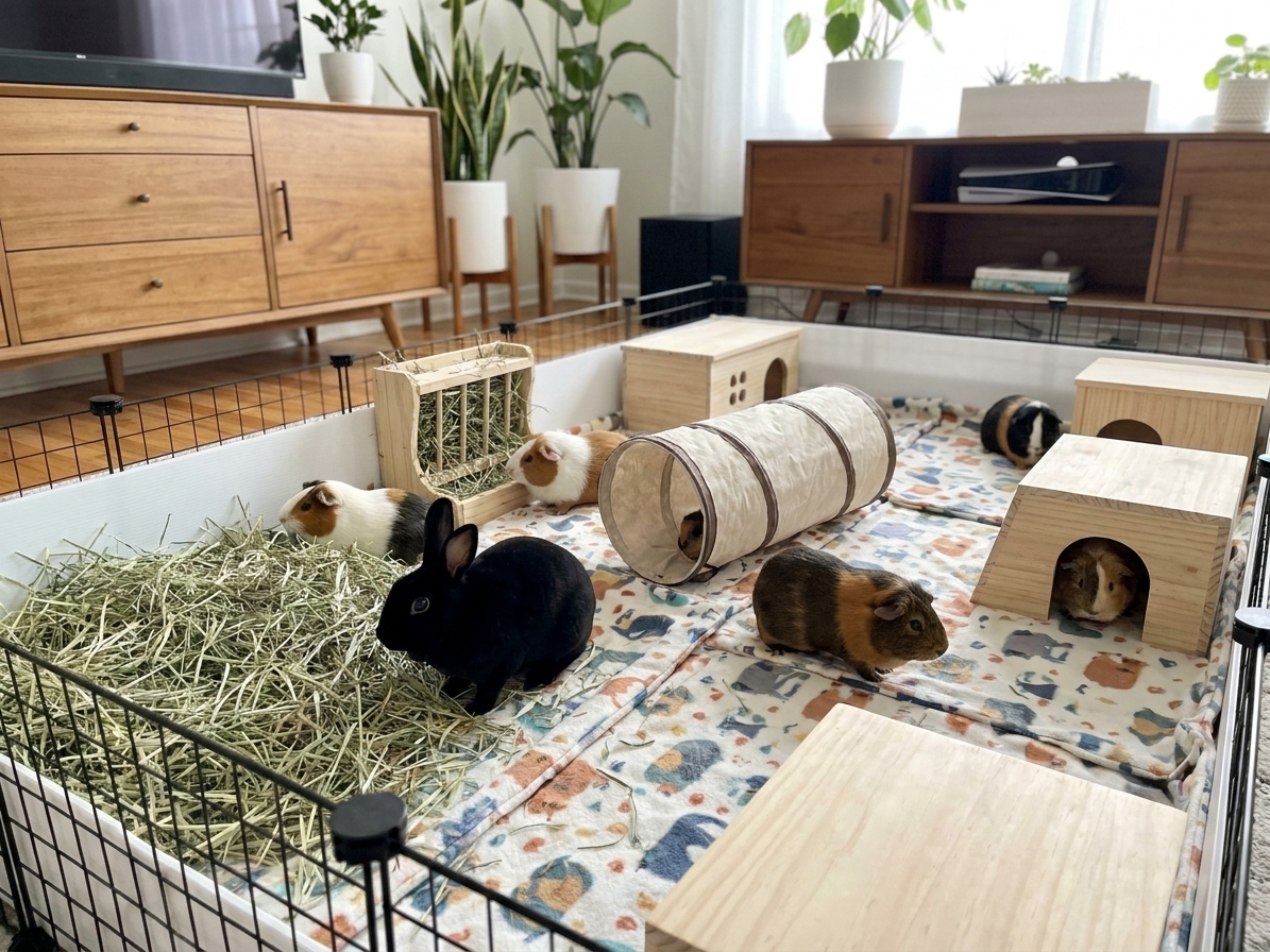 A spacious indoor C&C enclosure with fleece bedding, hay area, hideouts, and tunnels set up for guinea pigs in a clean living room