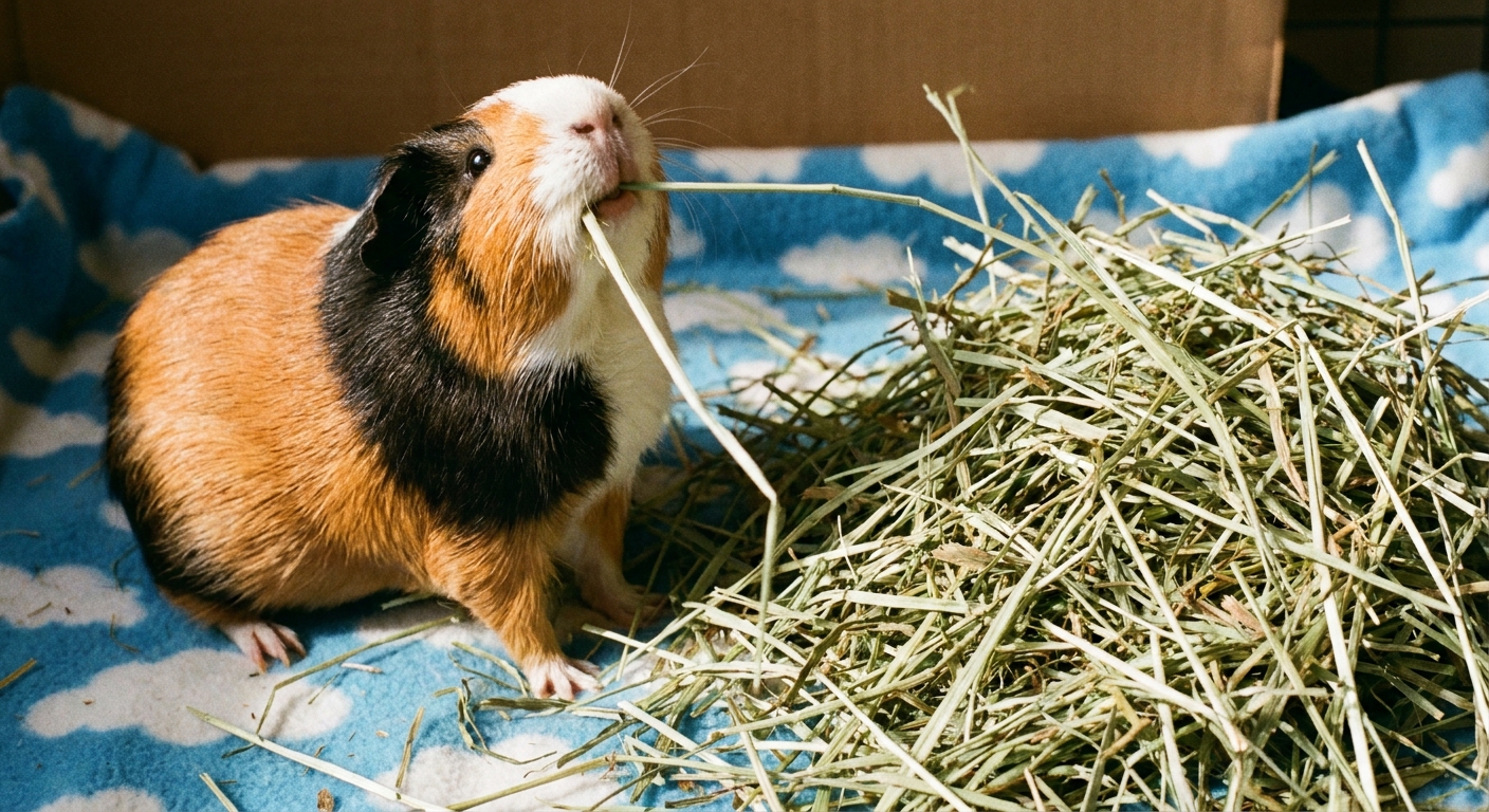 A tri-colored guinea pig chewing a long strand of timothy hay beside a hay pile on fleece bedding